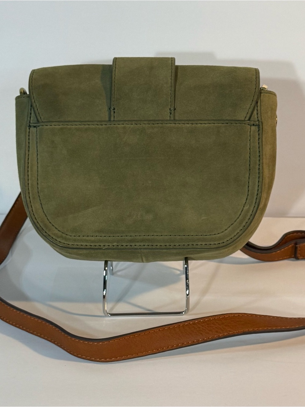 Olive Green Suede Saddle Bag Crossbody Gold Buckle Boho Chic Purse - Picture 2 of 7